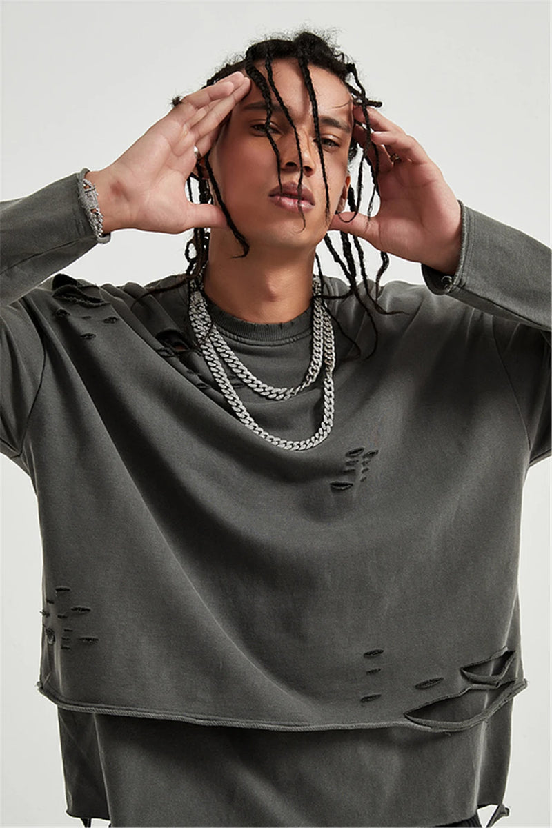 Hip Hop Streetwear Vintage Sweatshirt 2021 Autumn Creative Distressed Destroyed Ripped Holes Pullover Cotton Tops Loose WE301