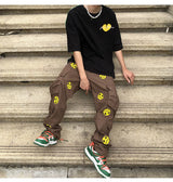 mens high street smilely loose cargo pants casual zipper straight jeans hip hop side pockets loose fit streetwear casual joggers unique joggers style 3483