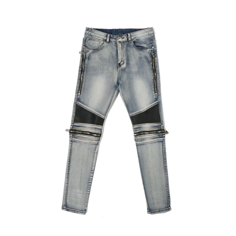 high street pu leather zippers patchwork biker jeans mens stretch denim slim jean pants motorcycle slim trousers hip hop pants unique jeans style 2319