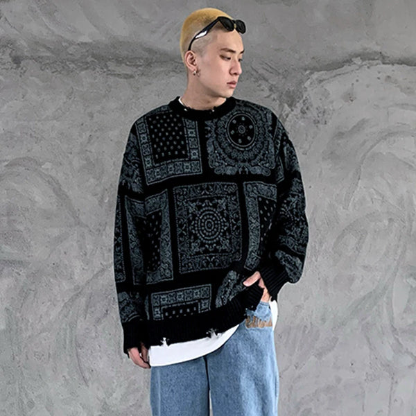 hip hop paisley printed ripped knitted holes sweater mens autumn winter long sleeve pullover streetwear loose sweaters clothing urban wear with bold artwork, trendy hip hop style outerwear, streetwear fashion hoodie