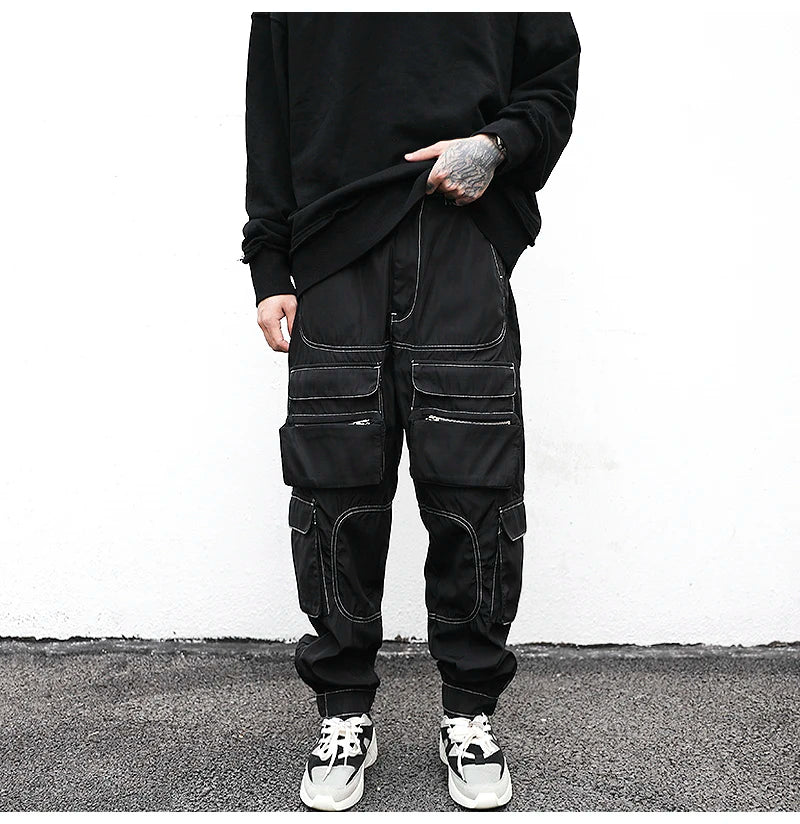 men pockets cargo pants new fashion zipper loose fit harajuku military trousers casual hip hop sportswear streetwear black pants unique cargo style 2488