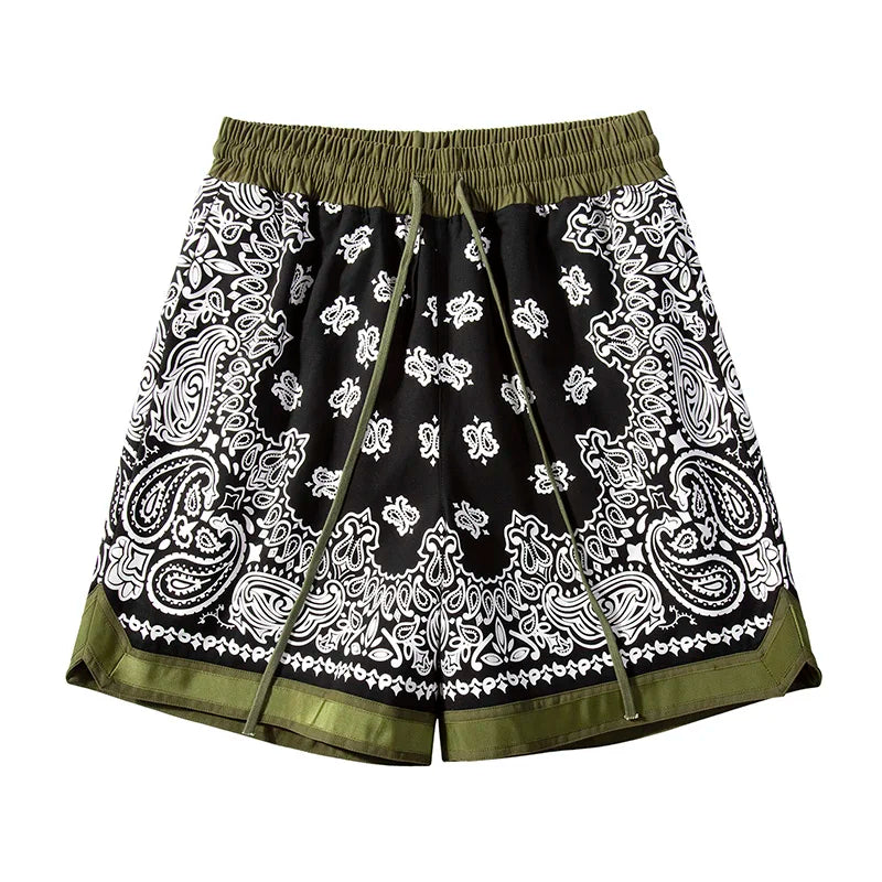 retro cashew flowers casual shorts summer streetwear fashion patchwork knee length men women paisley printing sweat shorts drawstring street shorts