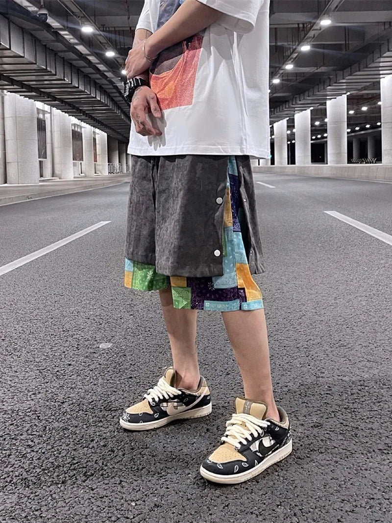 men side buttons patchwork harajuku straight shorts new elastic waist short pants joggers hip hop streetwear casual sweatshorts casual joggers