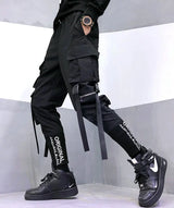 hip hop men ribbons cargo pants fashion harajuku 2023 new elastic waist casual streetwear mens joggers trousers black unique joggers style 3655