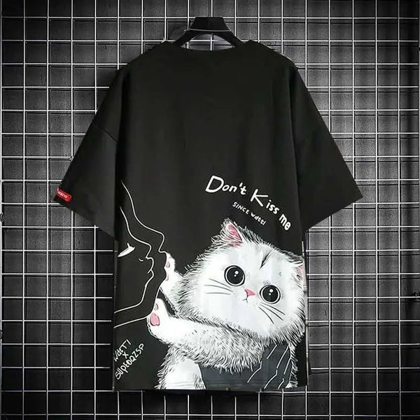 Y2K Graphic Tee – Black Kawaii Cat T Shirt Men Japanese Cute T Shirt – Urban Streetwear for Men & Women