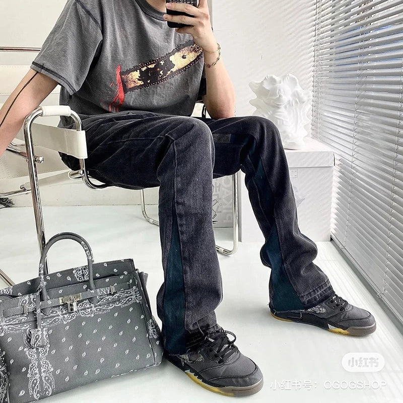 high street washed color match frayed micro flared jeans mens straight spliced retro loose casual denim pants hip hop trousers unique jeans style 5