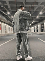 2 pieces sets mens fashion striped single breasted denim jeans jacket coat and zipper straight pants joggers new streetwear sets streetwear sweatpants