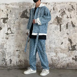 2 pieces sets men fashion patchwork single breast denim jeans hooded jacket coat and loose straight pants joggers streetwear set unique joggers style 4038