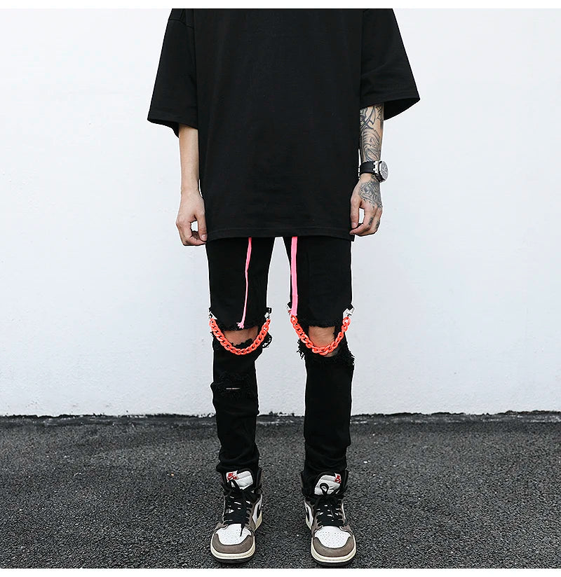 high street knee hole with chain ripped biker jeans mens slim fit denim pants autumn new streetwear casual hip hop pants joggers unique joggers style 4258