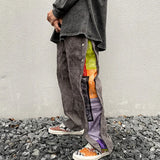 mens side buttons patchwork harajuku straight pants casual elastic waist fake suede trousers hip hop streetwear casual joggers casual joggers
