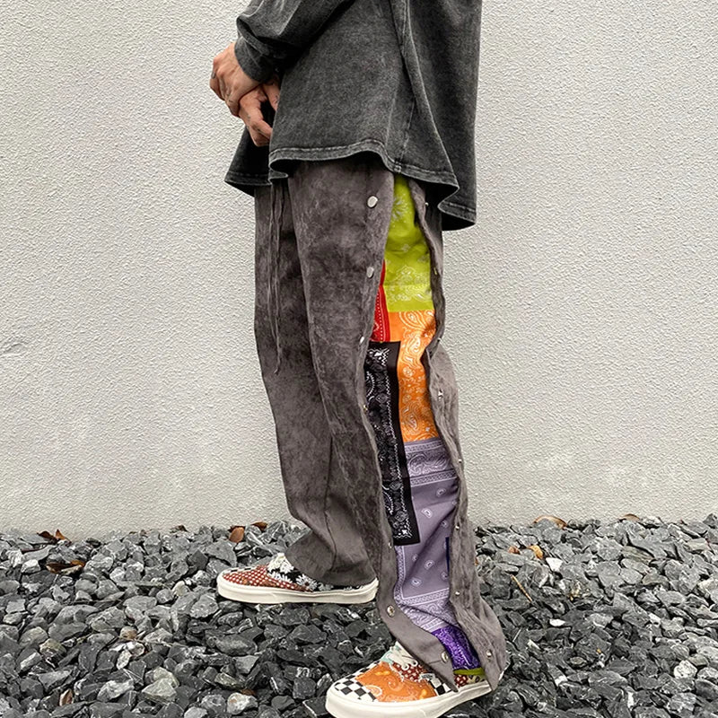 mens side buttons patchwork harajuku straight pants casual elastic waist fake suede trousers hip hop streetwear casual joggers casual joggers