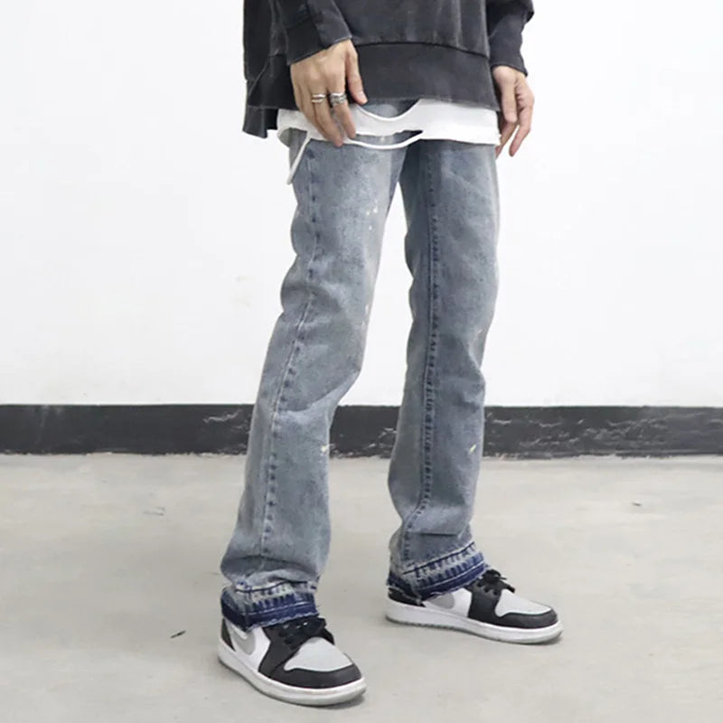 high street washed splash ink retro wide leg flared pants mens straight casual jeans for men harajuku loose denim trousers unique jeans style 4548
