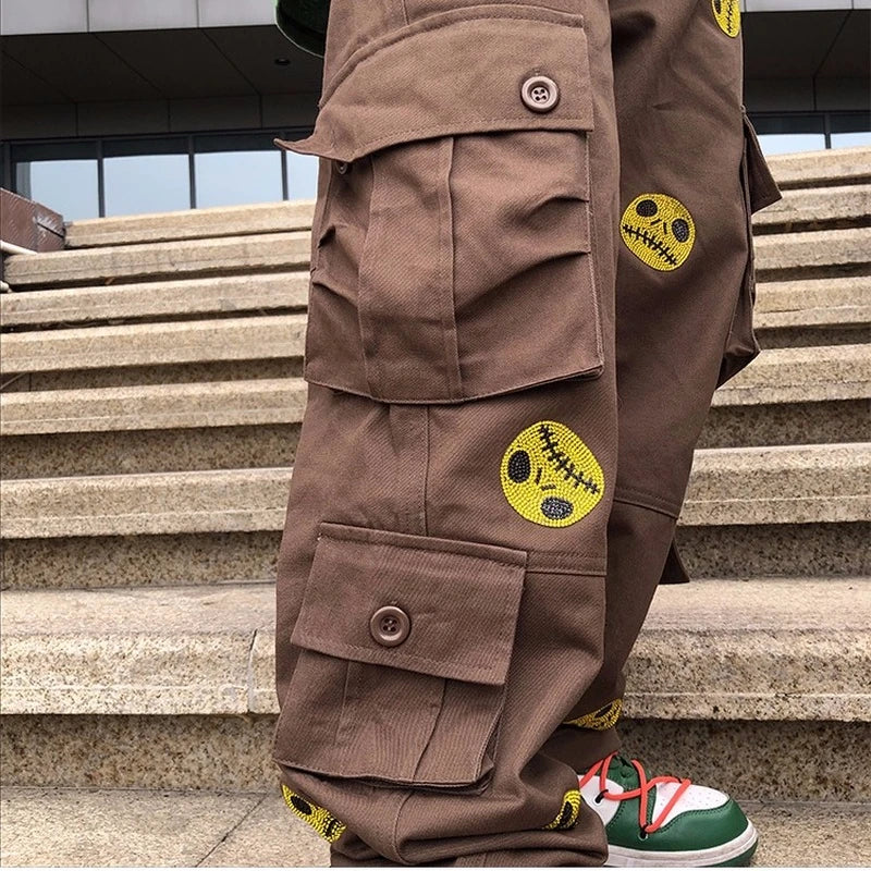 mens high street smilely loose cargo pants casual zipper straight jeans hip hop side pockets loose fit streetwear casual joggers sporty tapered joggers