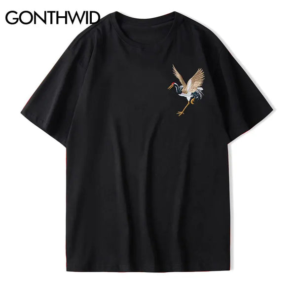Harajuku Oversized Shirt – Gonthwid Harajuku Embroidery Crane Tees Shirts Mens 2023 Hip – Modern Streetwear for Everyone