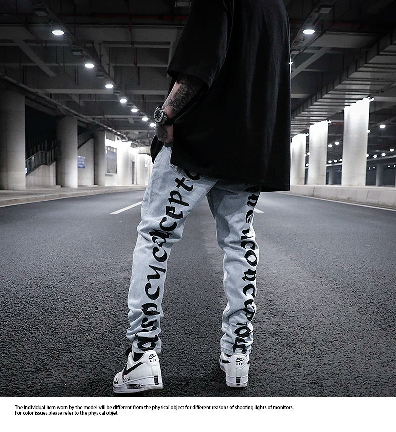 men back letter embroidery denim jean pants fashion slim zipper biker jeans trouser new casual hip hop streetwear pants joggers unique joggers style 1296