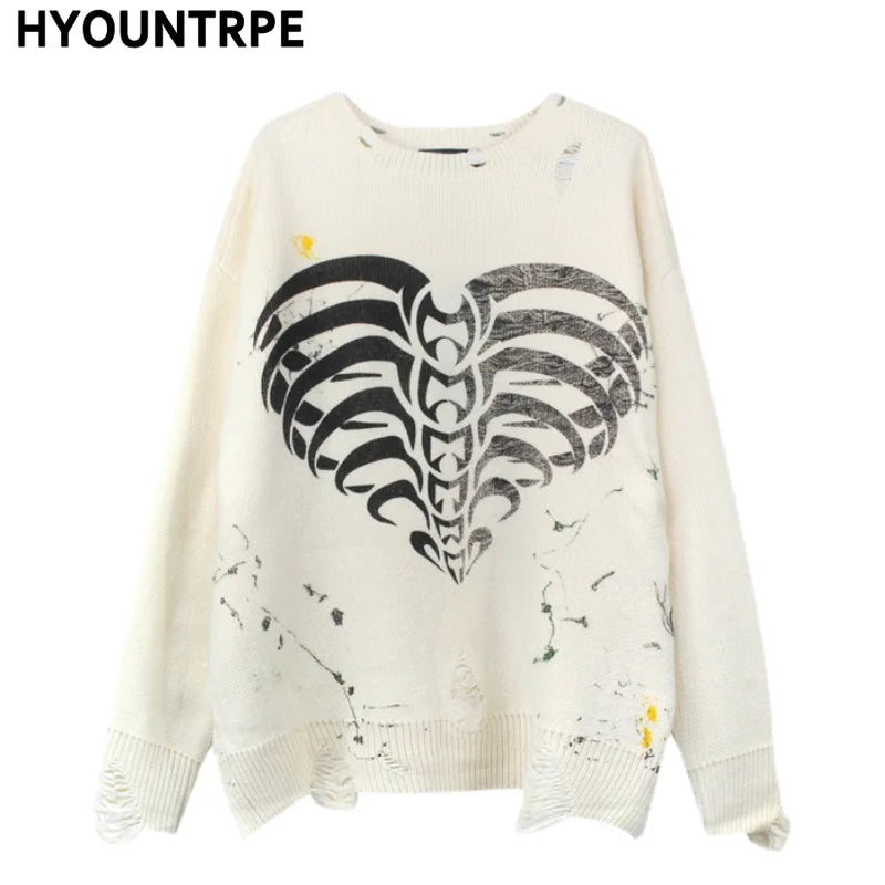 mens hip hop streetwear skull graffiti harajuku sweaters casual knitted sweater ripped holes cotton pullover men jumper sweater - vintage look oversized hoodie, high quality cotton hoodie, bold artwork streetwear hoodie