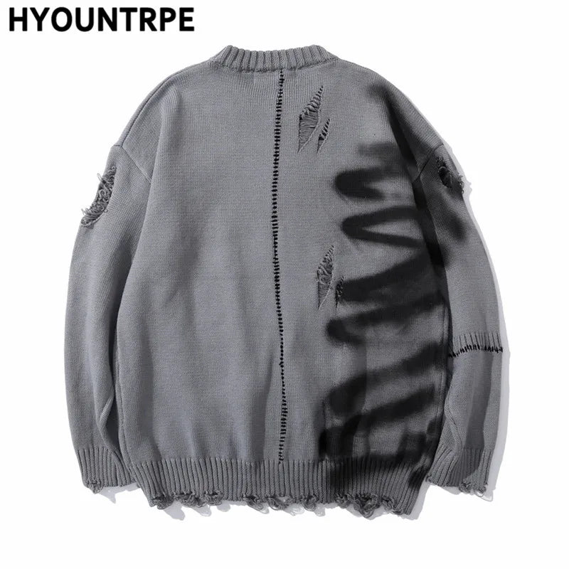 mens hip hop destroy ripped holes streetwear graffiti harajuku sweater vintage retro knitted sweater new casual cotton pullover unique limited edition hoodie, oversized graphic print design, streetwear fashion hoodie