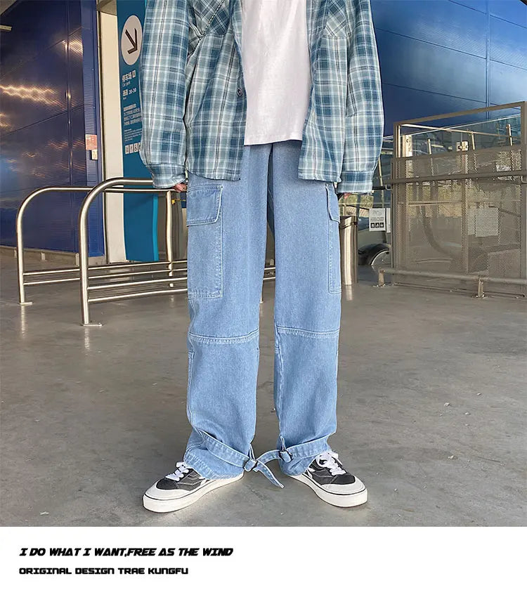 men jeans wide leg denim pants loose straight baggy mens jeans hip hop streetwear skateboard neutral denim trousers cargo jeans unique cargo style 2668