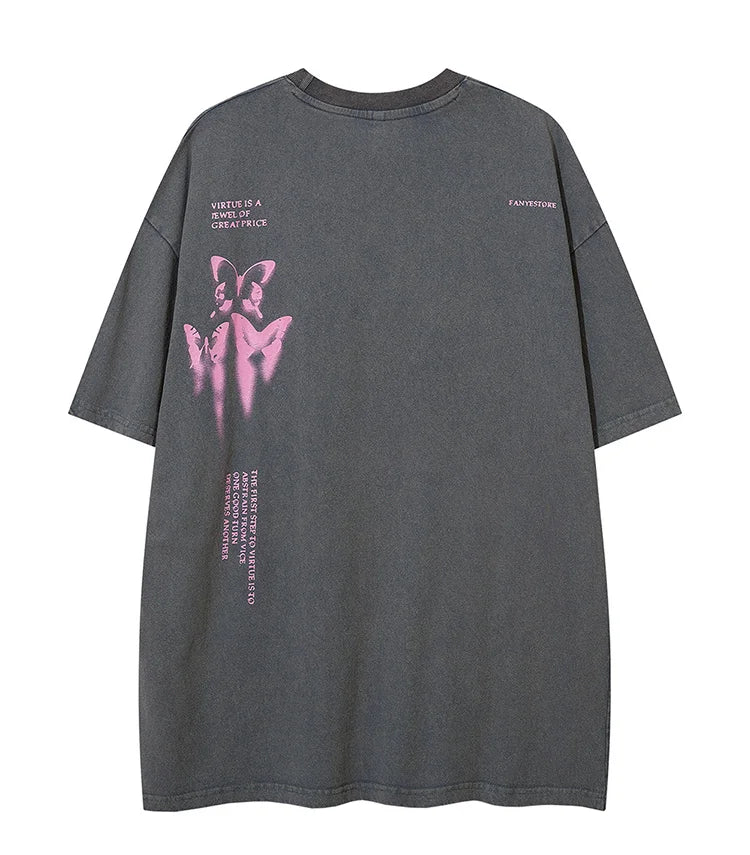 Sadcore Oversized shirt – Aolamegs Butterfly Inkjet Letter Print Washed T Shirt Men Sh