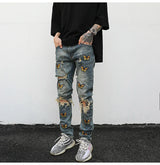 high street butterfly embroidery knee ripped hole jeans mens casual hip hop distressed jeans slim fit skinny denim pants joggers unique joggers style 1889