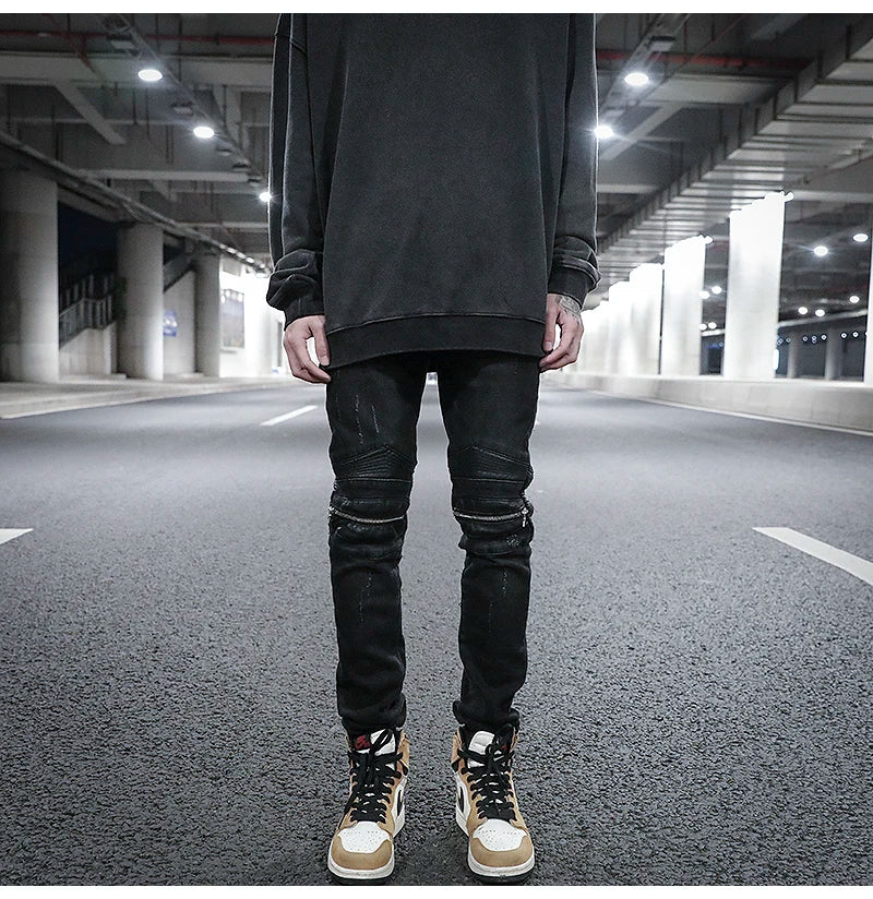 knee zipper hole patckwork skinny denim jeans men casual slim biker trousers jeans fashion streetwear hip hop jean pants joggers unique joggers style 1030