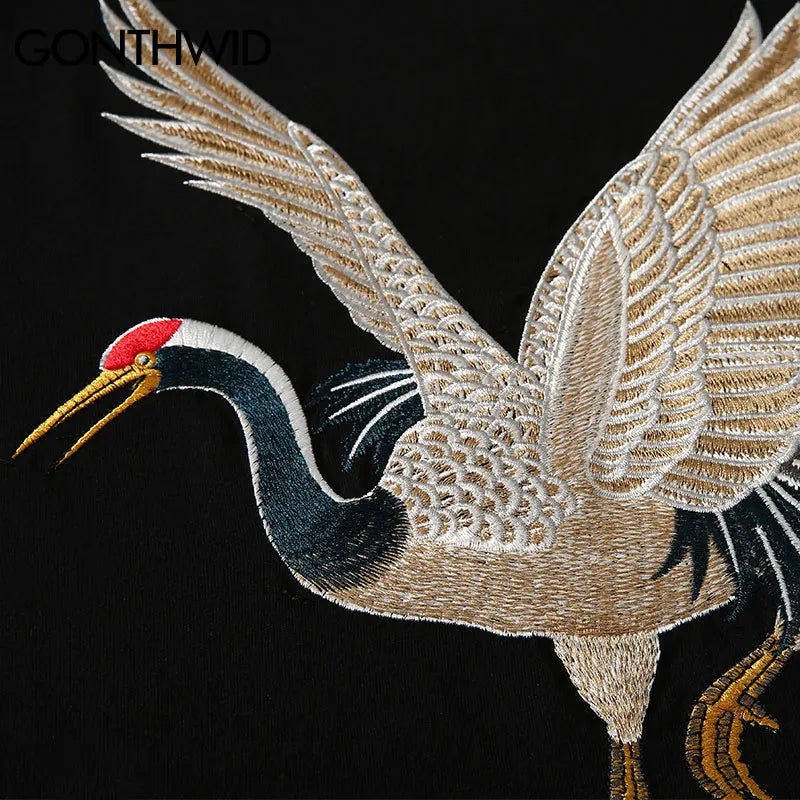 Harajuku Oversized Shirt – Gonthwid Harajuku Embroidery Crane Tees Shirts Mens 2023 Hip – Modern Streetwear for Everyone