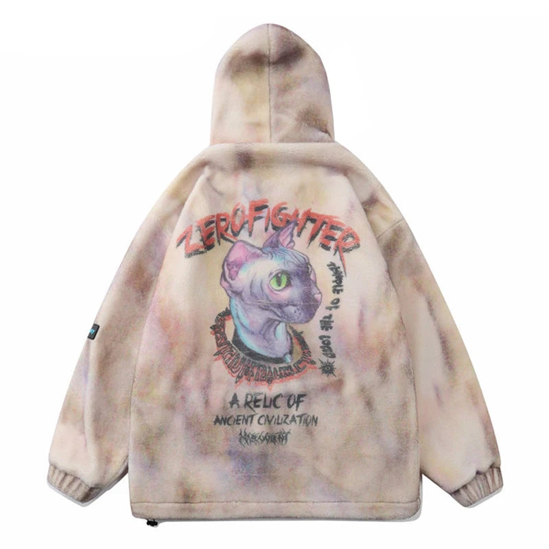 Gothic Oversized Tee – Mens Hip Hop Cats Harajuku Printed Fleece Jackets Coats – Streetwear Fashion for Men & Women