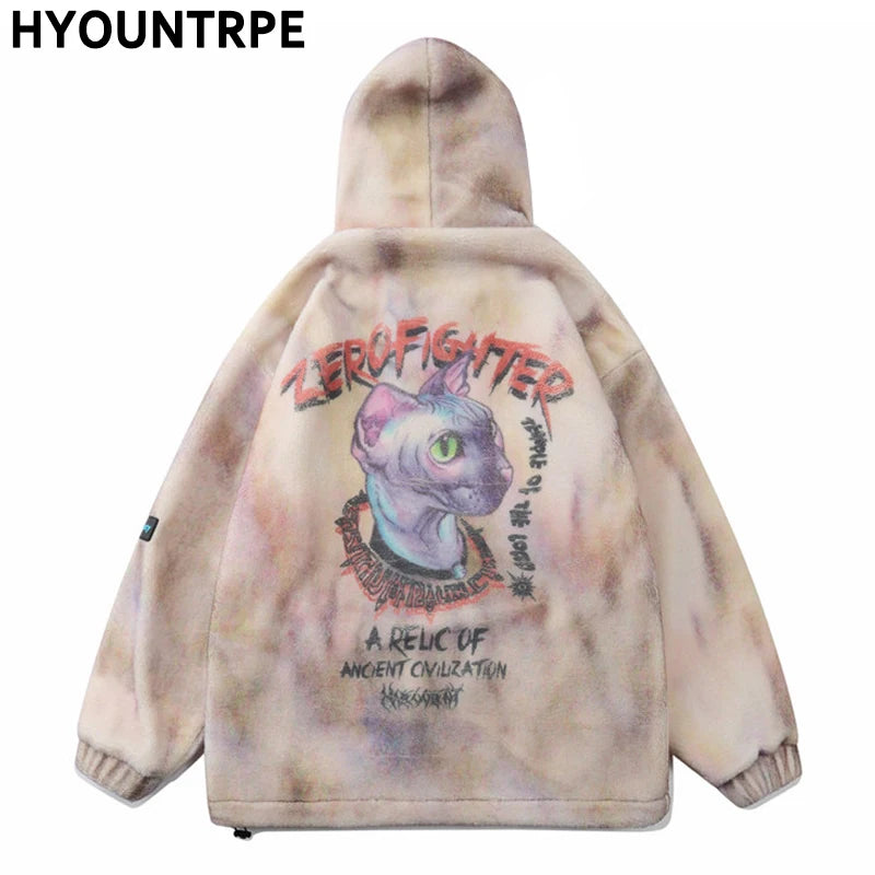 Gothic Oversized Tee – Mens Hip Hop Cats Harajuku Printed Fleece Jackets Coats – Streetwear Fashion for Men & Women