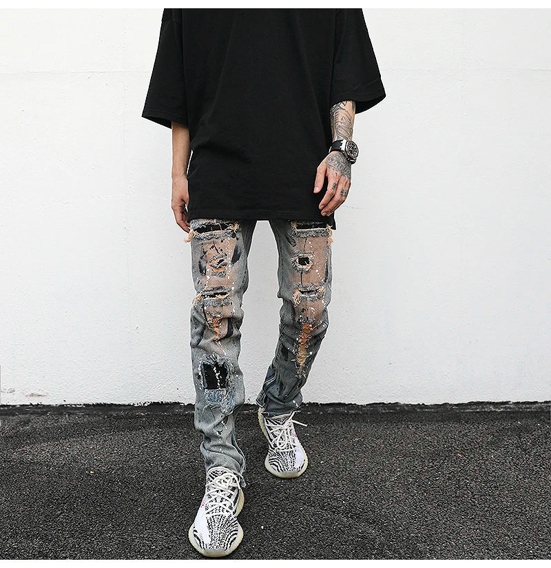 bottom zipper destroyed jeans skinny jeans ripped slim men biker jeans fashion graffiti printed streetwear hip hop pants joggers unique joggers style 652