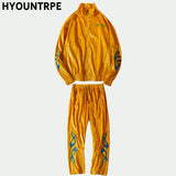 2 pieces set men embroidery velvet zipper jacket and elastic waist loose straight pants sweatsuit hip hop tracksuits sweatsuit unique default style 4302