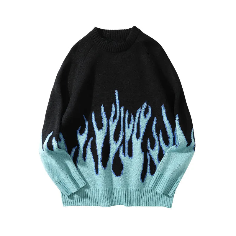 hip hop mens streetwear harajuku knitted sweater fire flame autumn winter new o neck sweater pullover loose retro vintage cotton urban wear with bold artwork, aesthetic street look hoodie, trendy hip hop style outerwear