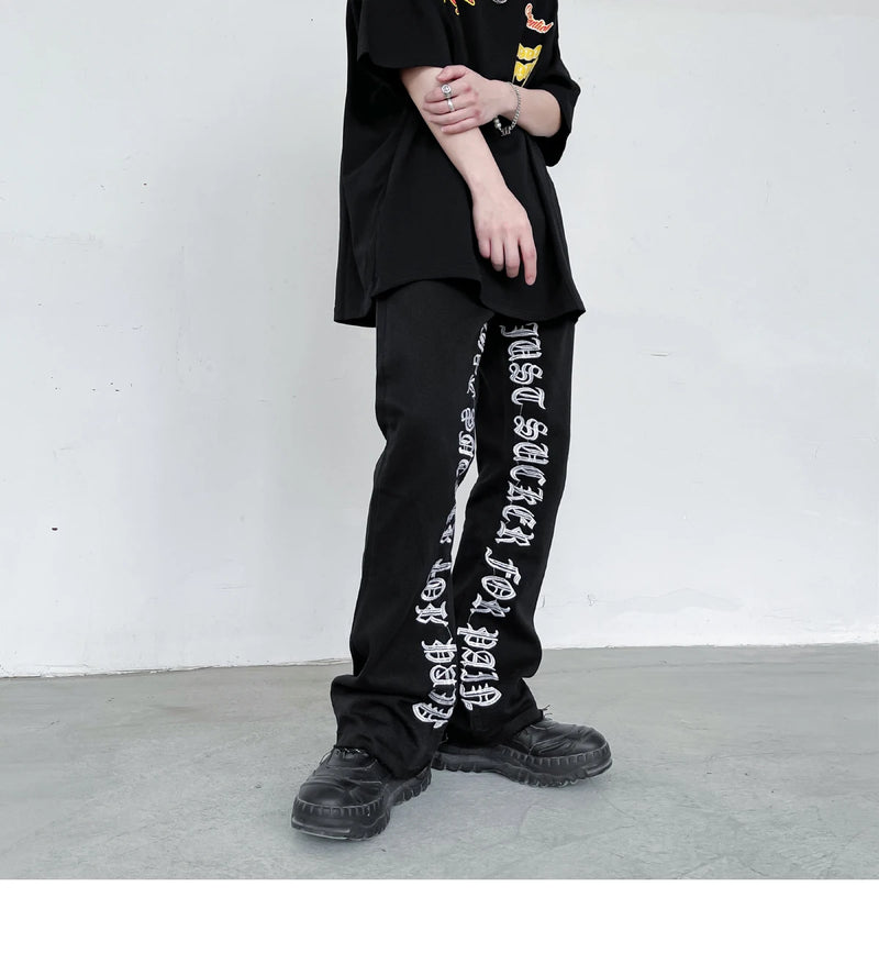 fashion letters embroidery denim flare jeans mens high street elastic waist straight trouser hip hop streetwear pants joggers unique joggers style 4796