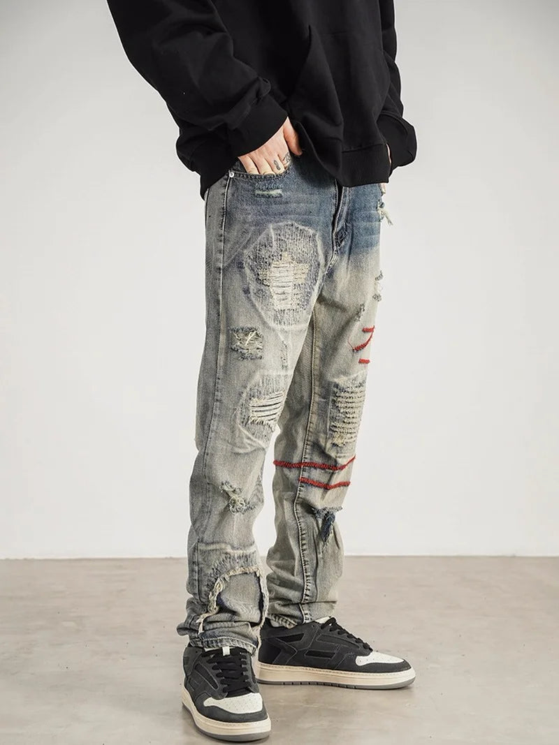 destroyed ripped straight jeans pants mens distressed biker jeans fashion irregular embroidery streetwear hip hop pants joggers urban active pants