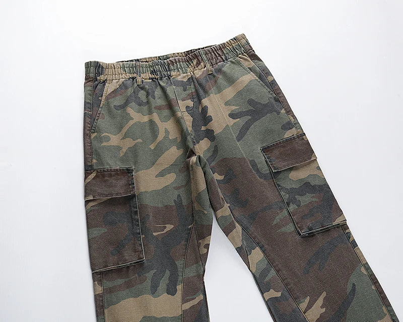 streetwear mens hip hop camouflage flare pants fashionable camo cargo pants male slim fit camouflage trousers women all match unique cargo style 5136