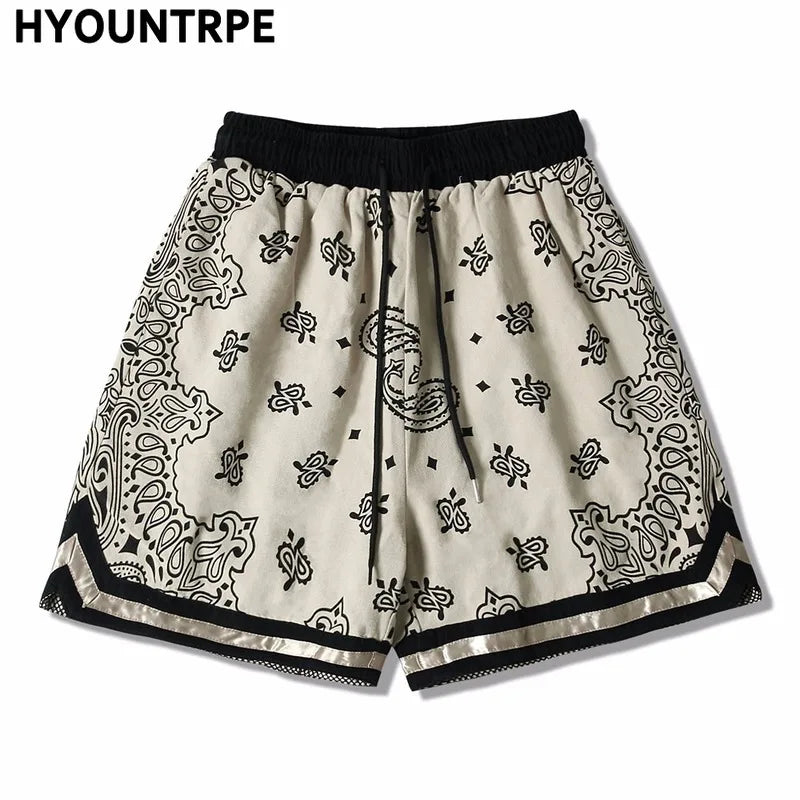 Mens Paisley Printed Hip Hop Loose Shorts Elastic Waist Sweat Shorts Casual Harajuku Drawstring Streetwear Sportswear Joggers