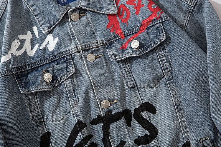 casual layering jacket featuring mens graffiti letter denim jackets fashion turn down collar long sleeve coats outerwear hip hop casual streetwear jeans jackets design – premium quality jacket for men