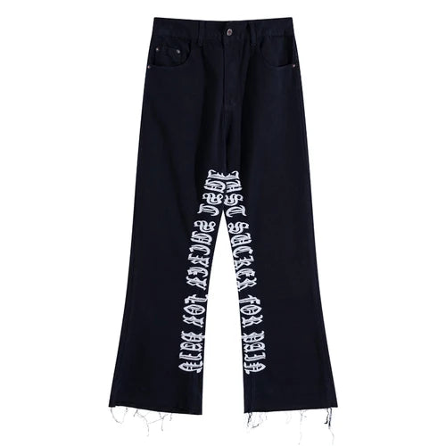 fashion letters embroidery denim flare jeans mens high street elastic waist straight trouser hip hop streetwear pants joggers unique joggers style 4792