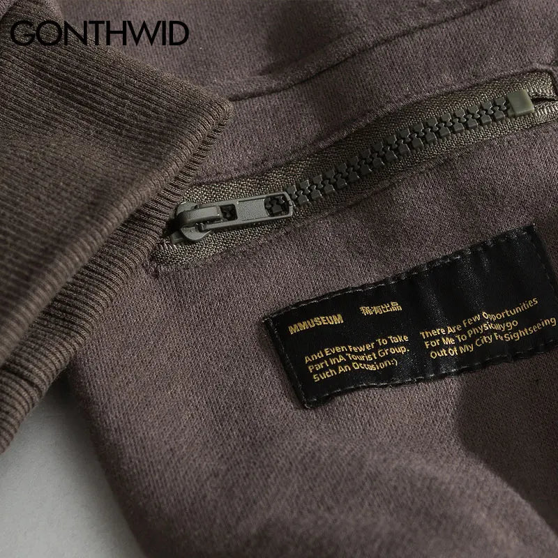 Gonthwid Hoodies Streetwear Hip Hop Zipper Pocket Smile Face Patchwork
