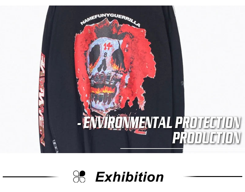 rainbowtouches long sleeve t shirt men high street skeleton skull graffiti print women hip hop couple sweatercoat unisex design aesthetic street look hoodie, unique limited edition hoodie, streetwear fashion hoodie