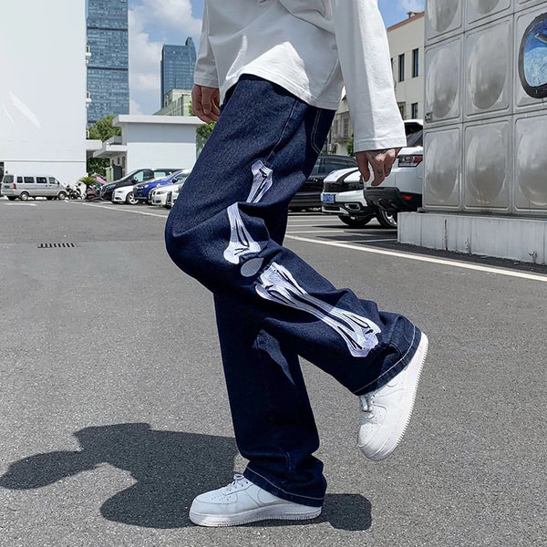 skeleton embroidery straight jean pants couples mopping trousers mens streetwear denim pants mens clothing jeans for men baggy urban skinny jeans