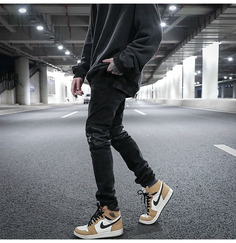 knee zipper hole patckwork skinny denim jeans men casual slim biker trousers jeans fashion streetwear hip hop jean pants joggers unique joggers style 1036