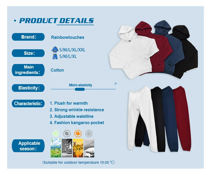 rainbowtouches quality pure cotton 2 piece couple hoodie solid color hip hop casual sportswear pullover mens pants plush unique default style 1469