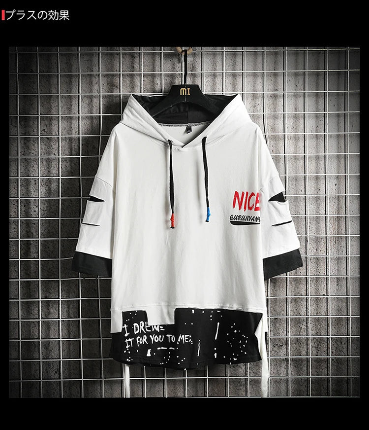 Men Fashion Ribben Hoodie Summer Short Sleeve Hoodies Mens Hoodies