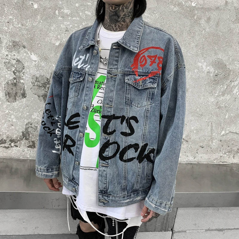 graphic outerwear featuring mens graffiti letter denim jackets fashion turn down collar long sleeve coats outerwear hip hop casual streetwear jeans jackets design – premium quality jacket for men