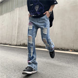 fashion back letters printed denim flare jeans mens zipper straight trouser hip hop destroy holes streetwear jean pants joggers unique joggers style 180