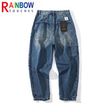 rainbowtouches fashion brand pants men wash jeans unisex wide straight leg loose retro overalls casual superior quality trousers ripped baggy denim