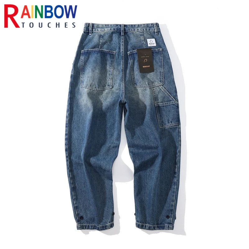 rainbowtouches fashion brand pants men wash jeans unisex wide straight leg loose retro overalls casual superior quality trousers ripped baggy denim