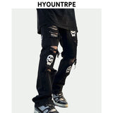 fashion skull printed denim jeans mens destoryed holes zipper flare jeans hip hop streetwear summer casual joggers jeans pants urban active pants