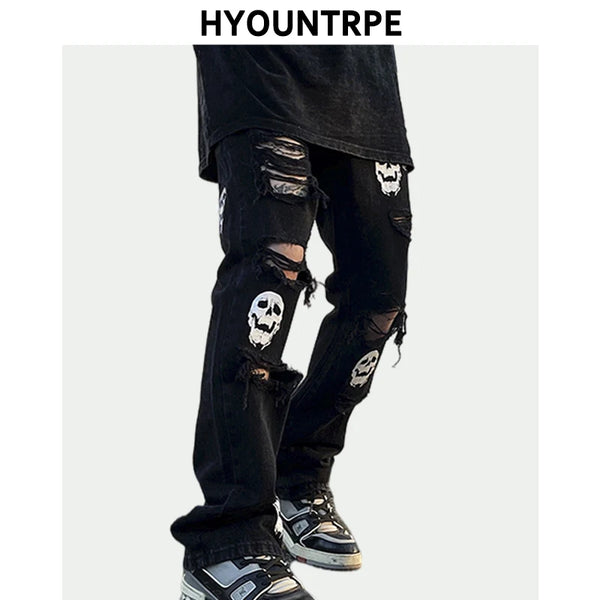 fashion skull printed denim jeans mens destoryed holes zipper flare jeans hip hop streetwear summer casual joggers jeans pants urban active pants