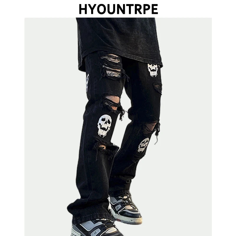 fashion skull printed denim jeans mens destoryed holes zipper flare jeans hip hop streetwear summer casual joggers jeans pants urban active pants